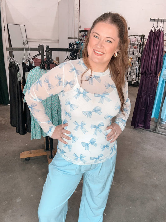 Blue Bow Mesh Top