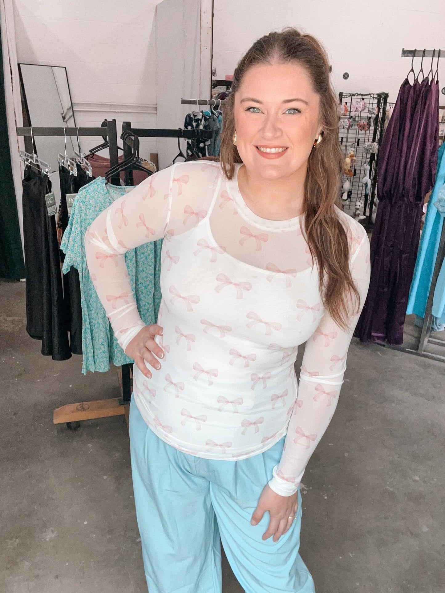 Pink Bow Mesh Top