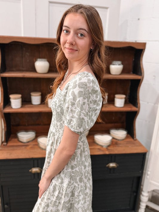 Sage Puff Sleeve Midi Dress