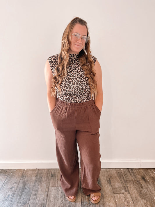 Brown Gauze Elastic Band Pants