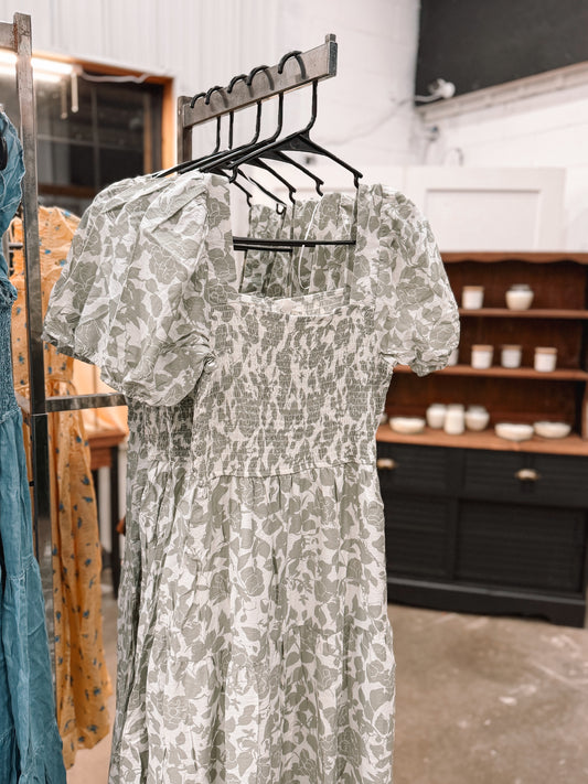 Sage Puff Sleeve Midi Dress