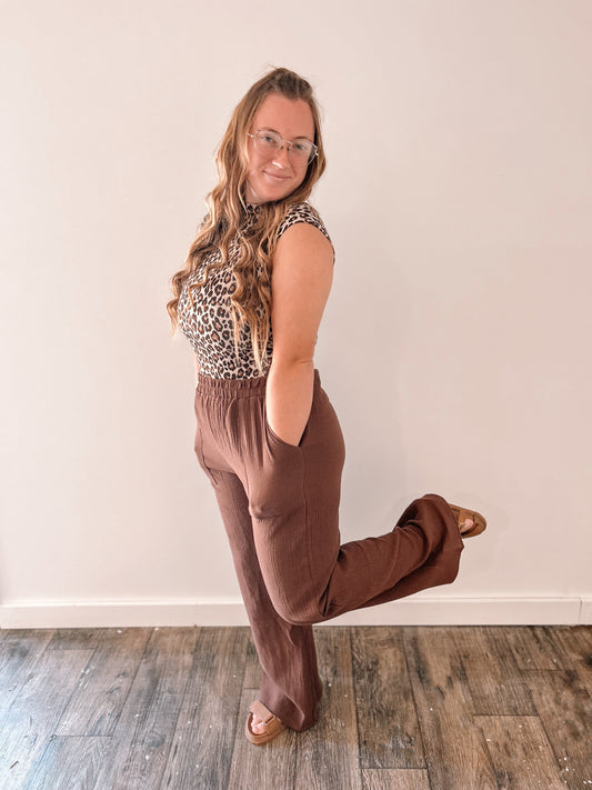 Brown Gauze Elastic Band Pants