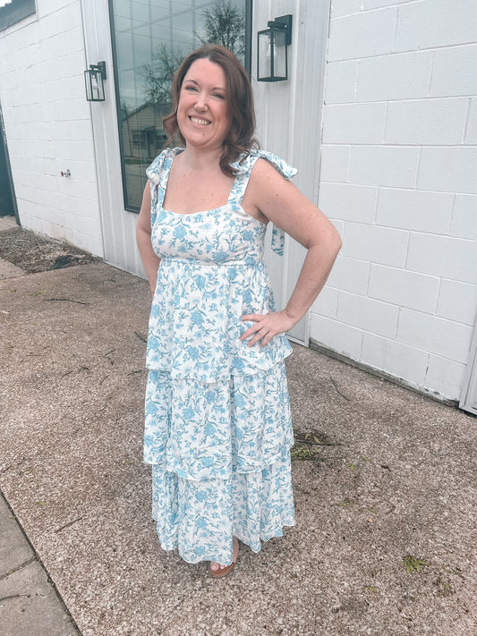 Blue Floral Tiered Dress