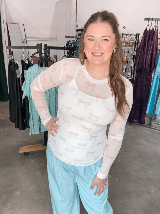 Pink Bow Mesh Top