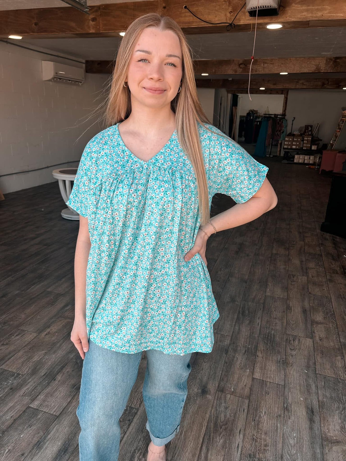 Blue Floral Flounce Top