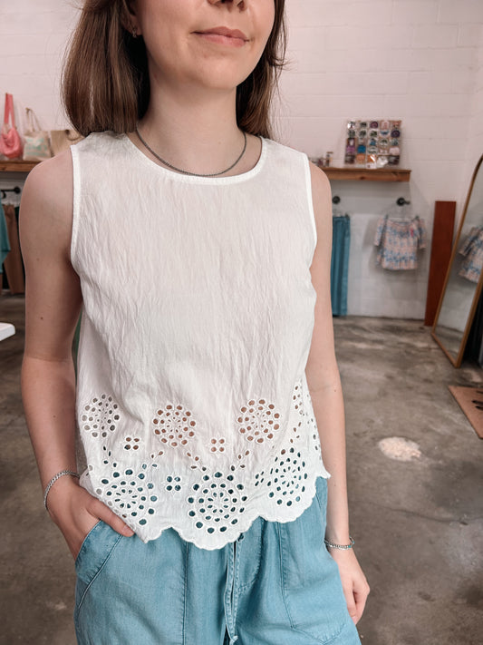 White Eyelet Linen Top