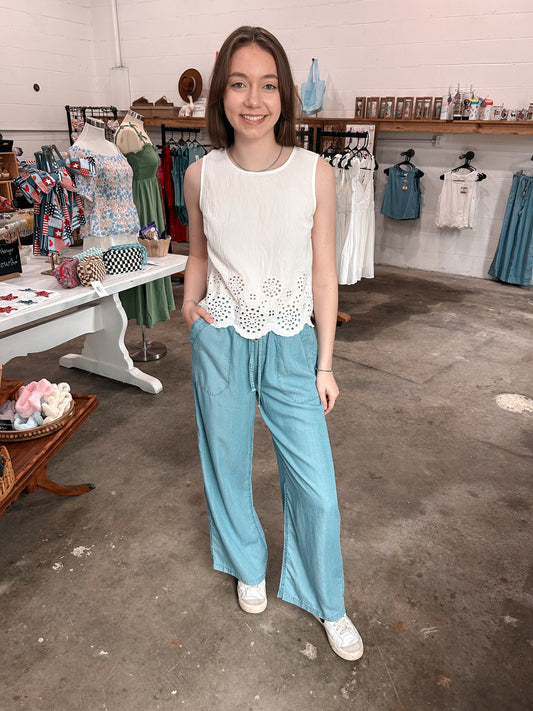 White Eyelet Linen Top